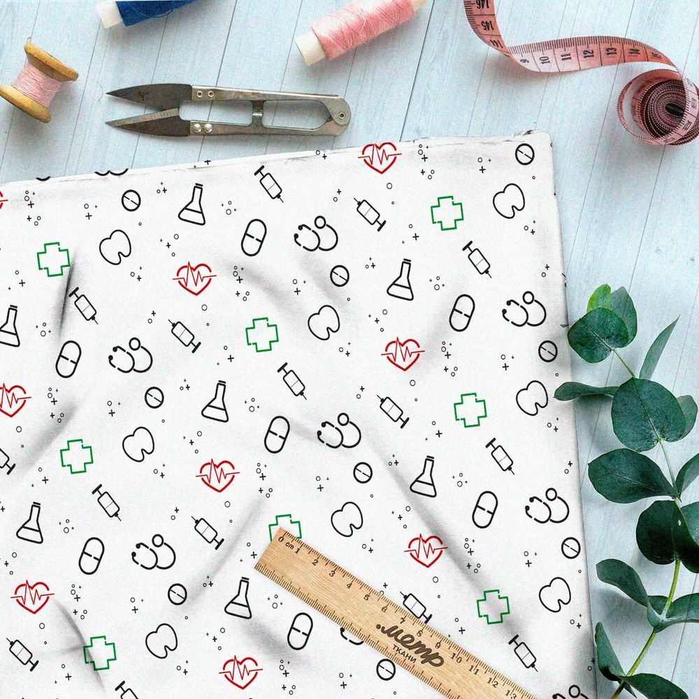 Ткань шелк Армани мелкий врачебный инвентарь на белом фоне