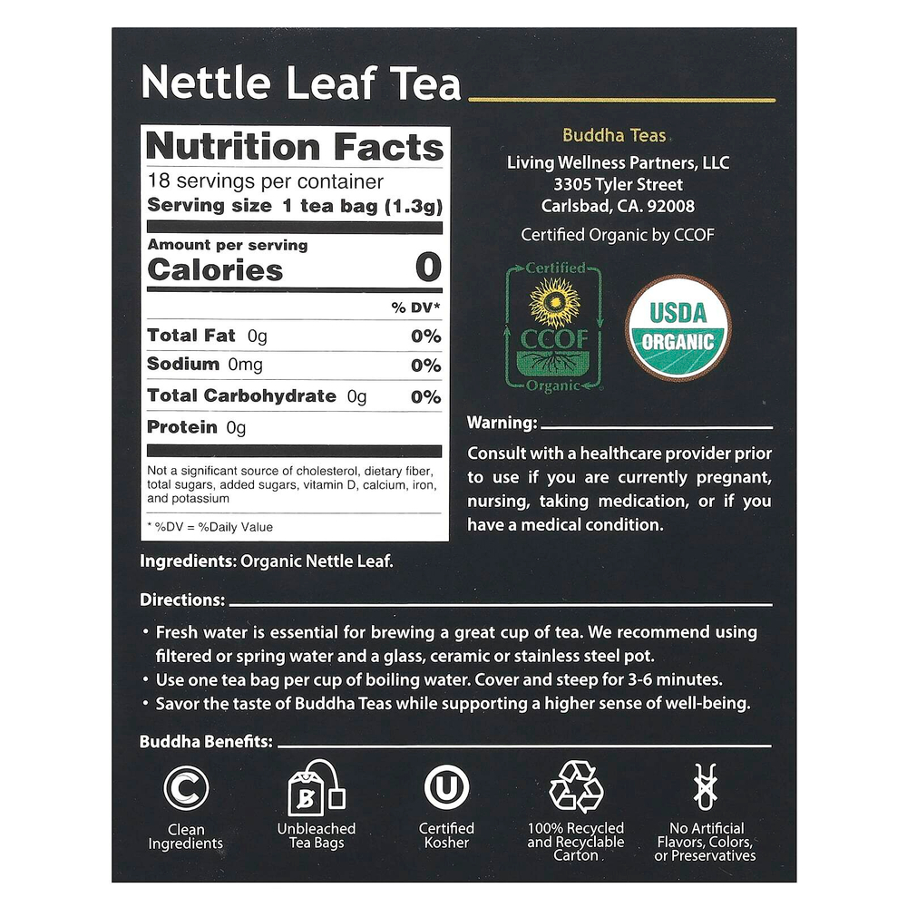Buddha Teas, Organic Herbal Tea, листья крапивы, без кофеина, 18 чайных пакетиков, 24 г (0,83 унции)