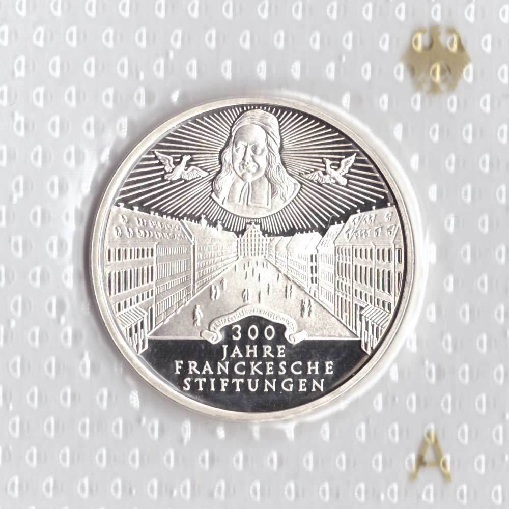 10 марок. 300 лет Франкскому благотворительному фонду (A). Серебро. 1998 г. PROOF. В родной запайке