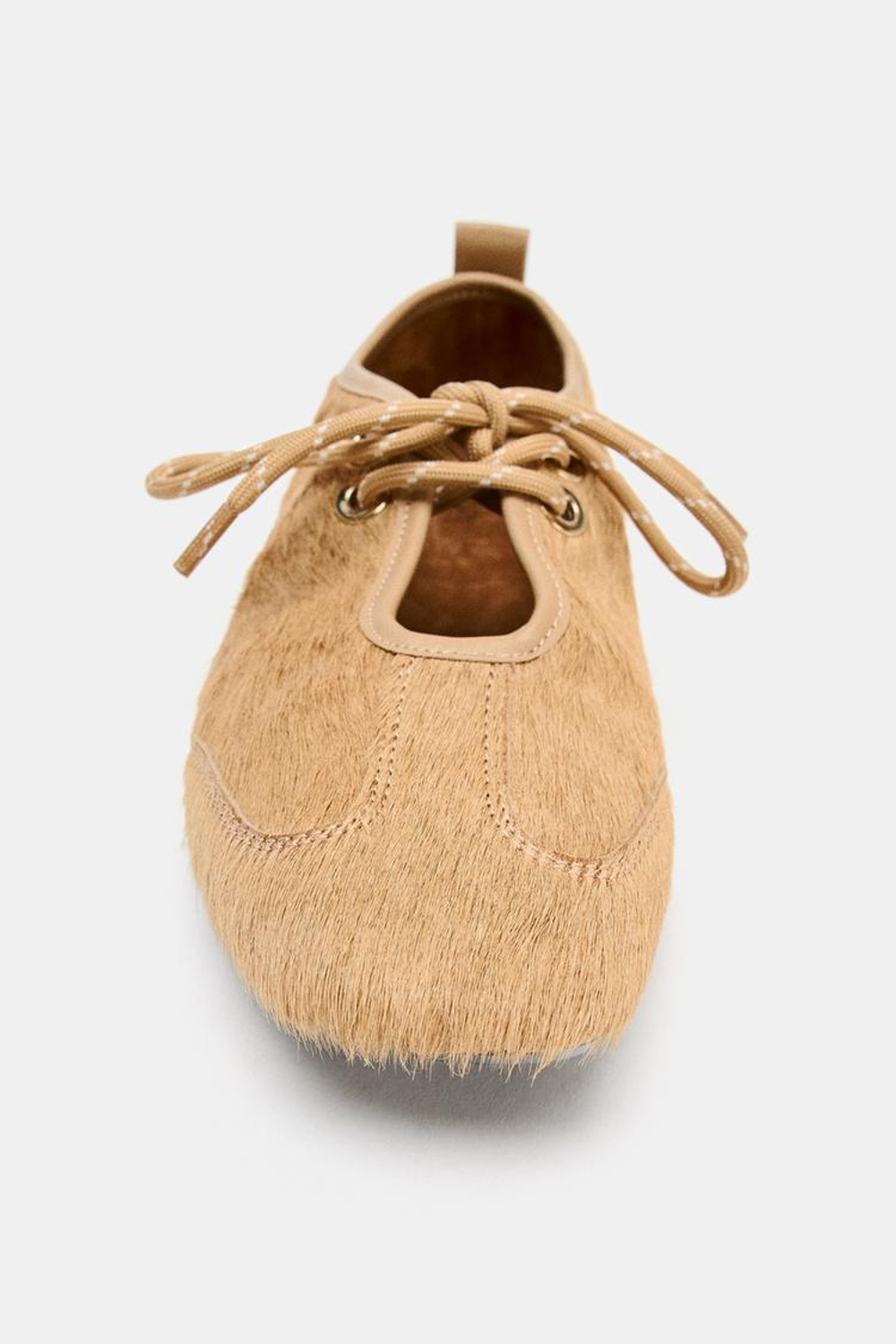 ZARA КОЖАНЫЕ БАЛЕТКИ С МЕХОМ, ПЕСОЧНО-КОРИЧНЕВЫЙ