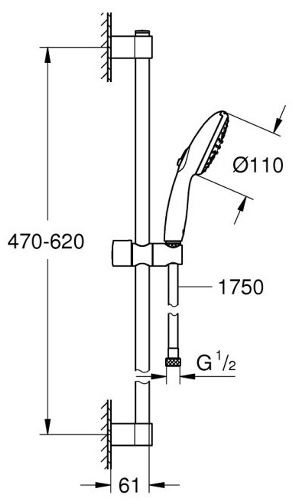 Душевой гарнитур GROHE Tempesta 110 лейка 2 режима, штанга 600 мм, 13,5 л/мин (27598003)