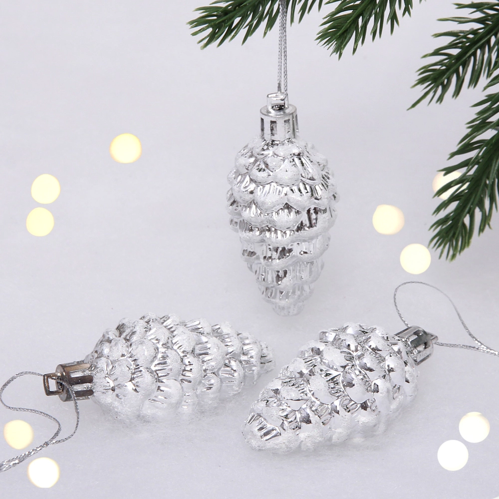 Елочные игрушки «Шишечки в инее» 5,5 см (набор 3 шт), Серебро