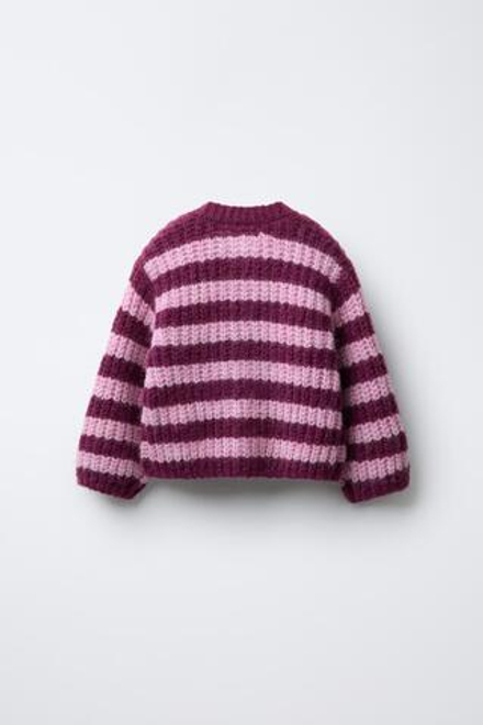 ZARA КАРДИГАН ГРУБОЙ ВЯЗКИ В ПОЛОСКУ, РОЗОВЫЙ