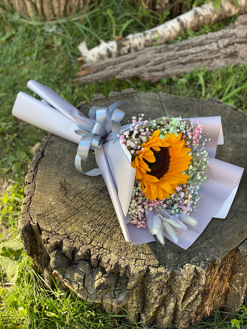 Букет Подсолнух гисофила цветной микс