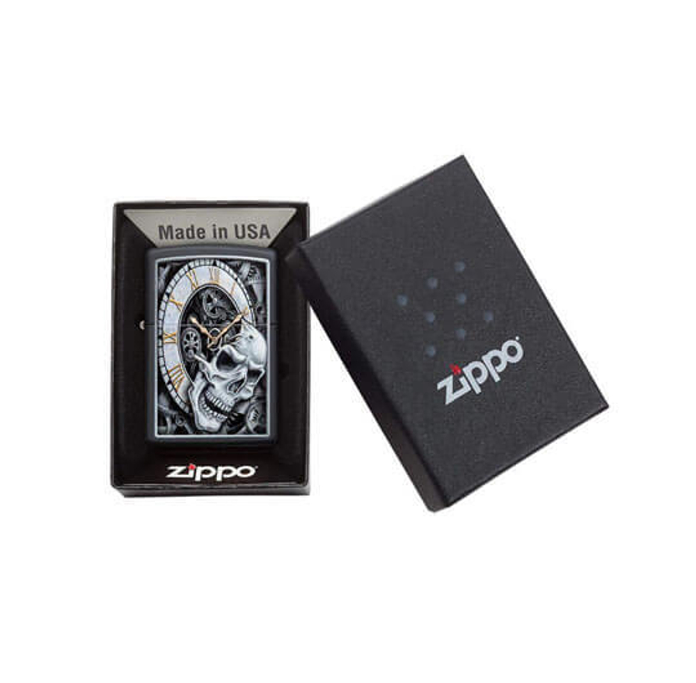 Зажигалка Zippo Skull Clock Design с покрытием Black Matte, латунь/сталь, чёрная, матовая, 36x12x56