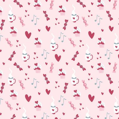 Принт с сердечками и сладостями на розовом фоне