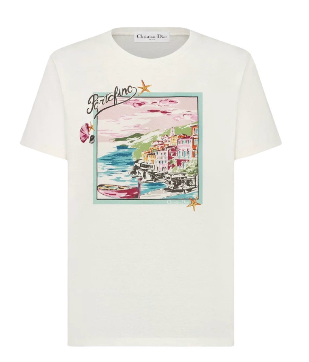 Футболка Dior Souvenir с принтом Portofino — женская белая футболка из хлопка и льна