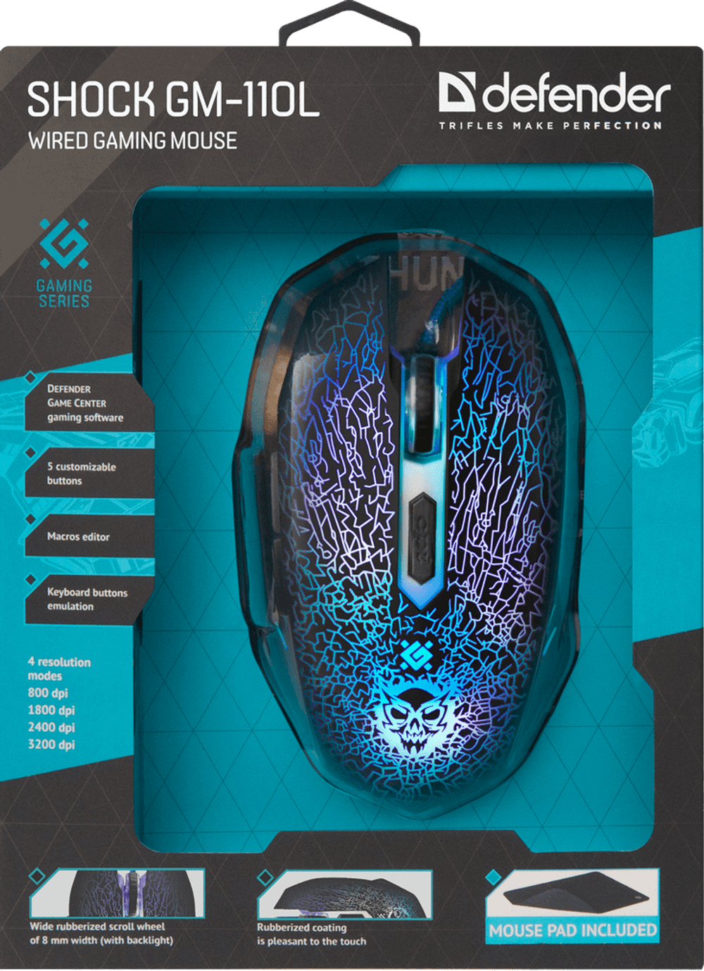 Мышь проводная игровая оптическая Defender Shock GM-110L (черный),USB, 6 кн. + колесо, коврик