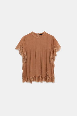 ZARA КРУЖЕВНОЙ ТОП С ВОЛАНАМИ — ZW COLLECTION, ЧЕРЕПИЧНЫЙ