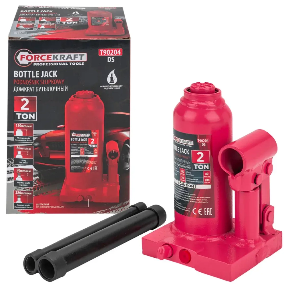 Домкрат бутылочный с клапаном 2т.(h min-148мм,h max-278мм, ход штока-80мм, ход винта-50мм) FORCEKRAFT FK-T90204(DS)