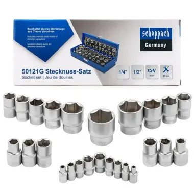 Набор головок 1/4'', 1/2'', 25пр. (6гр.)(1/2'': 10,11,12,13,14,15,16,17,18,19,21,22,24,27,30,32мм. 1/4'': 4,5, 6,7,8,9,10,12,13мм.)в метал.кейсе Scheppach Sch-50121G