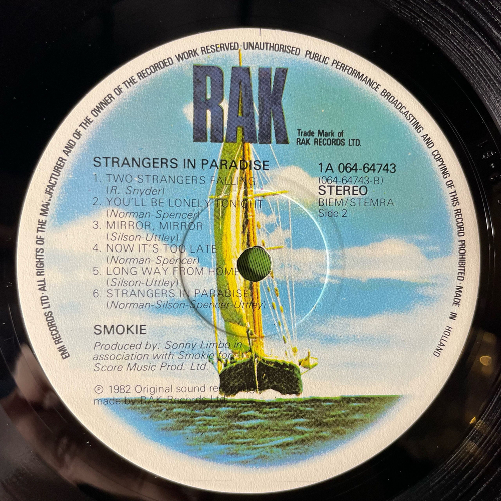 Винтажная виниловая пластинка LP Smokie, Smokey, Смоуки, Strangers In Paradise (Нидерланды 1982)