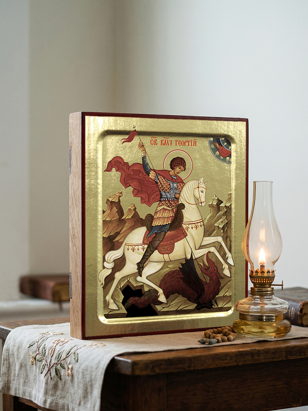 Икона Георгия Победоносца, великомученика (на коне) на дереве: 125 х 160 (Синопсисъ)