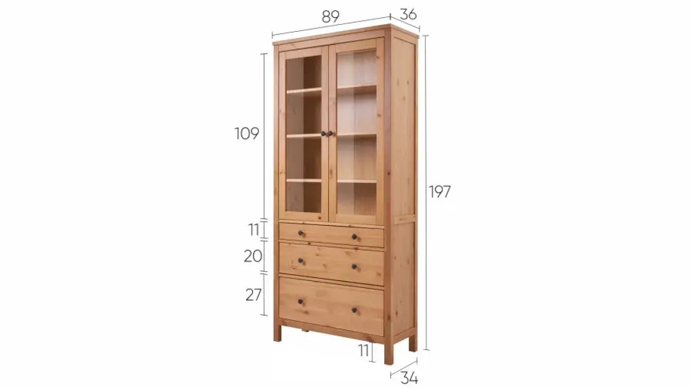 Шкаф-витрина 3 ящика - аналог IKEA HEMNES / ХЕМНЭС/ ХЕМНЕС / КЫМОР / ИКЕА 90х198х37 см, светло-коричневый