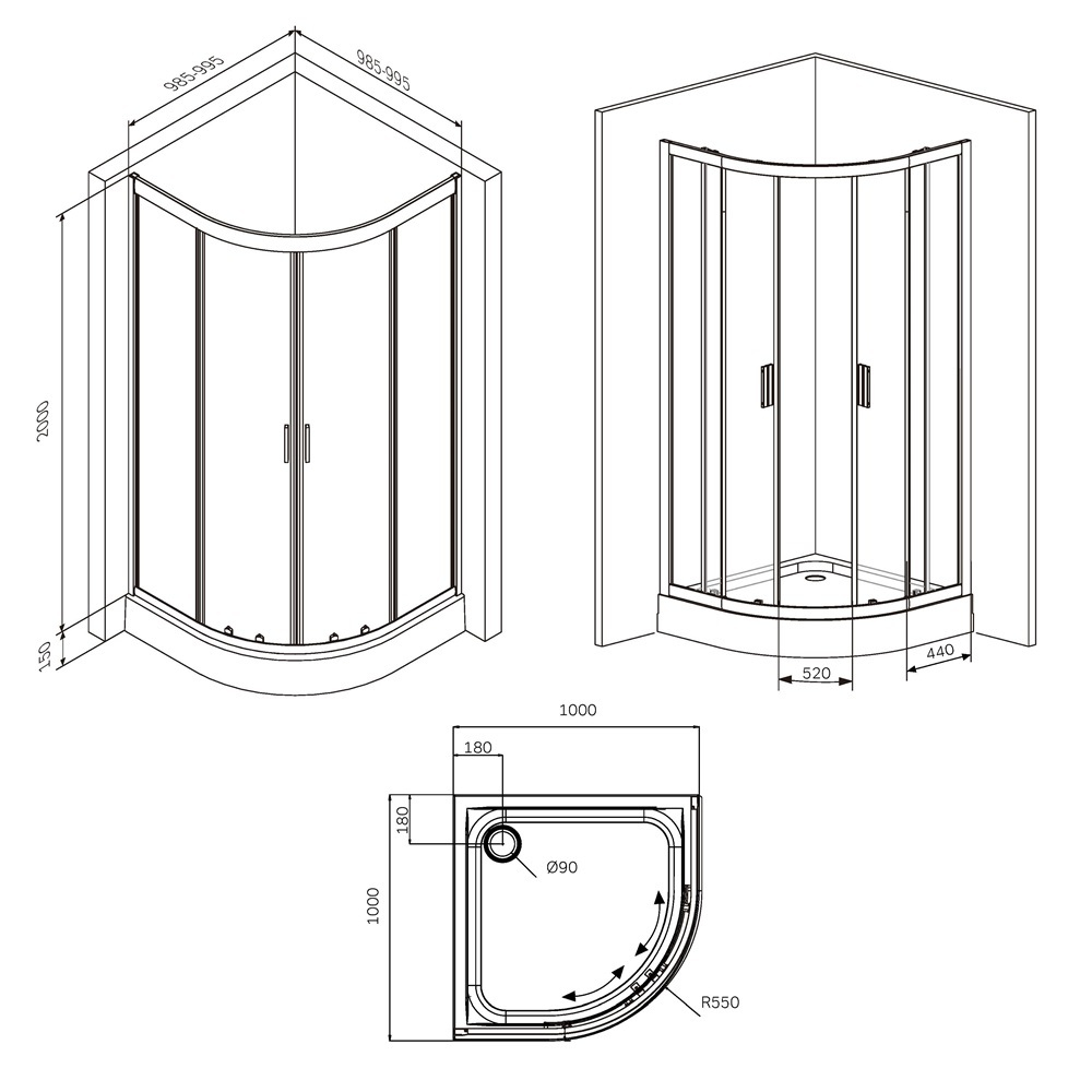 Душевое ограждение 100x100 см, без Поддона AM.PM Gem W90G-401-100BT Стекло прозрачное, профиль черный