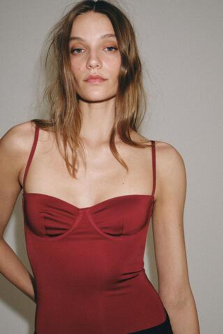 ZARA КРУЖЕВНОЕ БОДИ ИЗ ПОЛИАМИДА, ТЕМНЫЙ ЧЕРЕПИЧНЫЙ