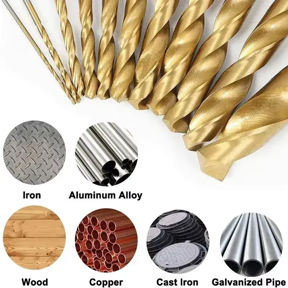 Набор из 50 сверл с титановым покрытием для сверления металла, дерева, алюминия