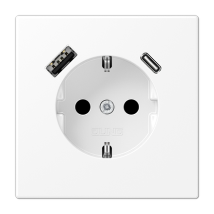 JUNG LS 990 Белый матовый Розетка с USB-зарядным устройством, тип A+С, SCHUKO, арт.LS1520-15CAWWM