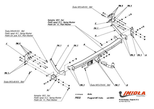 Фаркоп IMIOLA P.032 Peugeot 407 седан 2004-2010(паспорт и сертификат в комплекте)(без электрики)