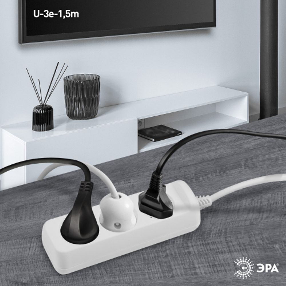 Удлинитель электрический ЭРА U-3e-1,5m-3x1,5 с заземлением 3 розетки 1,5м ПВС 3x1,5мм2 16А | Бытовые удлинители
