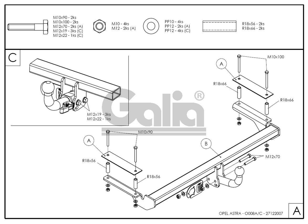 Оцинкованный фаркоп на Opel Astra G седан 1998-2004, Chevrolet Viva 2004-2008 (без электрики), Galia O007A