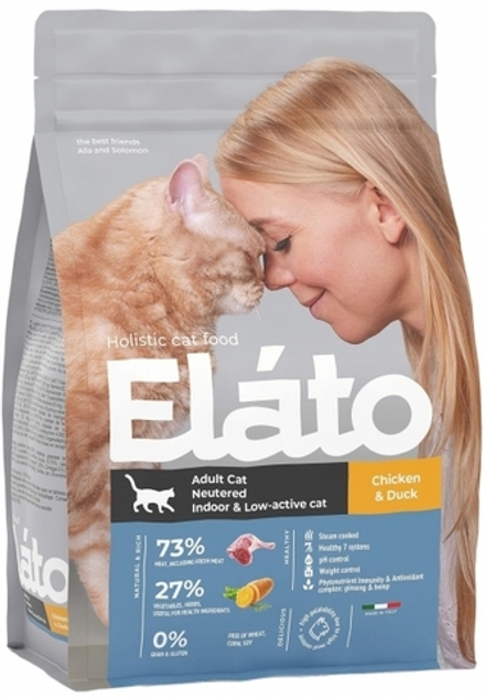 Elato Holistic 1,5кг Сухой корм для кастрированных котов, стерилизованных и малоактивных кошек, с курицей и уткой