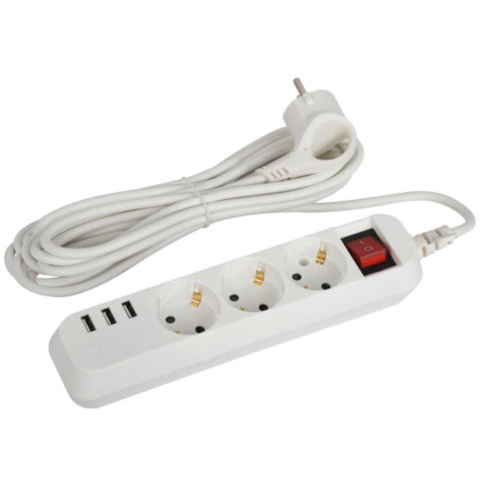 Удлинитель электрический ЭРА U-3es-5m-USB c заземлением с выключателем 3 розетки + 3xUSBA 5м 10А | Бытовые удлинители