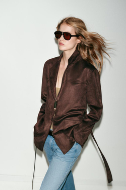 ZARA КУРТКА ИЗ ИСКУССТВЕННОЙ ЗАМШИ С РЕМНЕМ, ТЕМНО-КОРИЧНЕВЫЙ