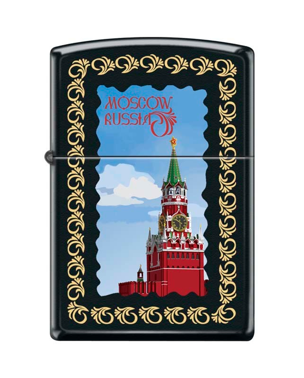 Легендарная классическая американская бензиновая широкая зажигалка ZIPPO Classic Black Matte™ черная матовая из латуни и стали с рисунком "Московский кремль" ZP-218 MOSCOW KREMLIN FRAMED