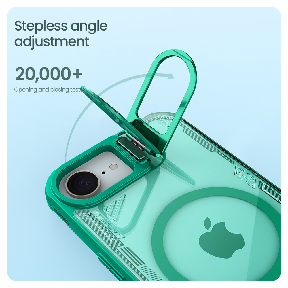 Чехол прозрачный зеленый от Nillkin с металлической крышкой и поддержкой MagSafe на iPhone 16e, серия Iceblade Prop Magnetic Case (версия с открытой камерой)