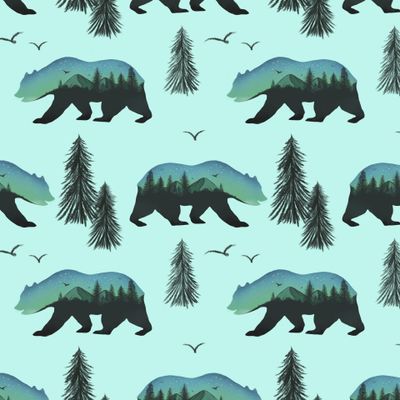 силуэт медведя на голубом фоне, зима, северное сияние