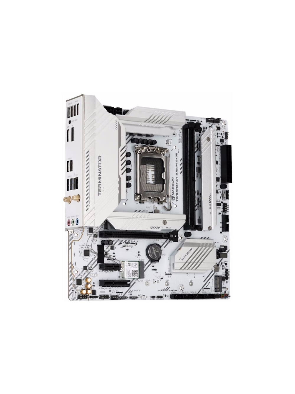 MAXSUN MS-Terminator B760M GKD5 ICE (Socket 1700, mATX, 2*DDR5(96Gb), DP/HDMI, 3*SATA3, 4*M.2, 1*PCIEx16/1*PCIEx4, 6*USB2.0, 2*USB 3.2, LAN 1*2.5G, ARGB, white, RTL)