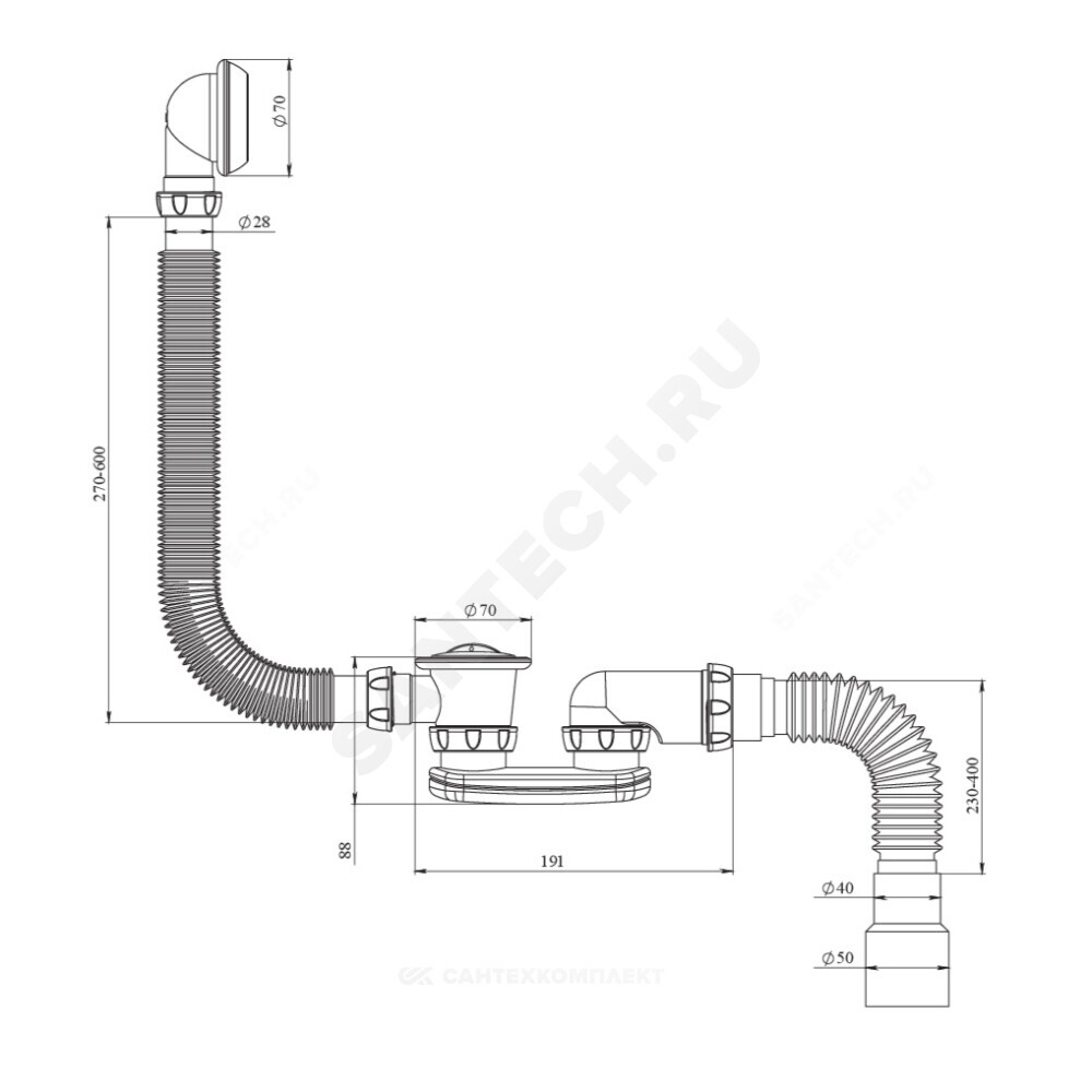 Слив-перелив для ванны плоский с пробкой на цепочке 1 1/2"x40 с гофрой 40х40/50 с нержавеющей решёткой Unicorn S12