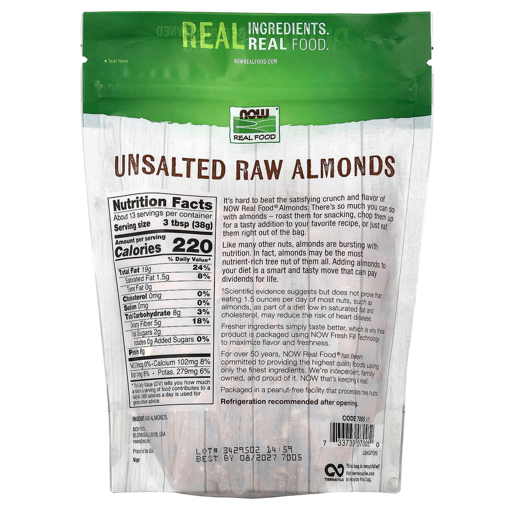 NOW Foods, Сырой миндаль, несоленый, 454 г