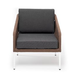 "Канны" кресло плетеное из роупа, каркас алюминий белый, роуп коричневый круглый, ткань серая