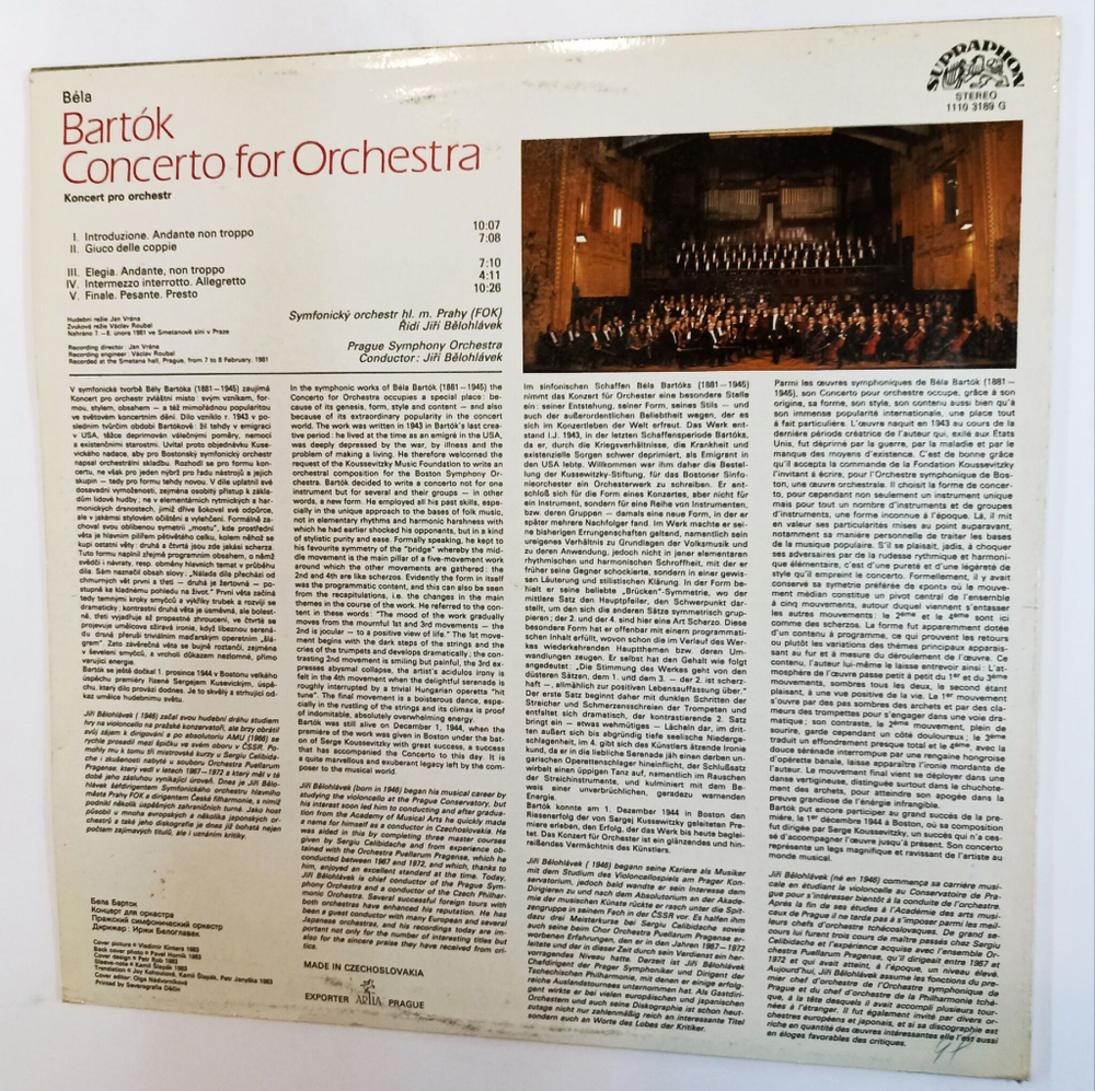 Винтажная виниловая пластинка LP Bartok Барток, Prague Symphony Orchestra Concerto For Orchestra (Чехословакия 1985)