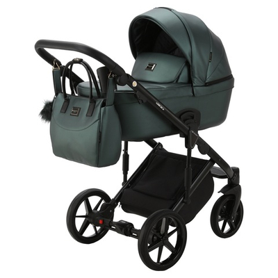 Детская универсальная коляска Adamex LUMI Deluxe L-SM15 Тёмно-зеленая, перламутровая экокожа (2в1)