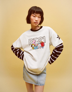 BERSHKA Футболка оверсайз с принтом BT21, белый