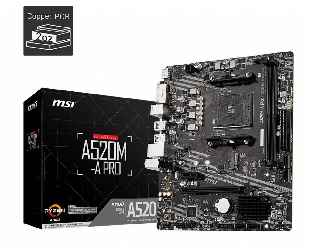 Материнская плата MSI A520M-A PRO AM4 A520 2xDDR4 4xSATA3 RAID 1xM.2 HDMI DVI mATX
