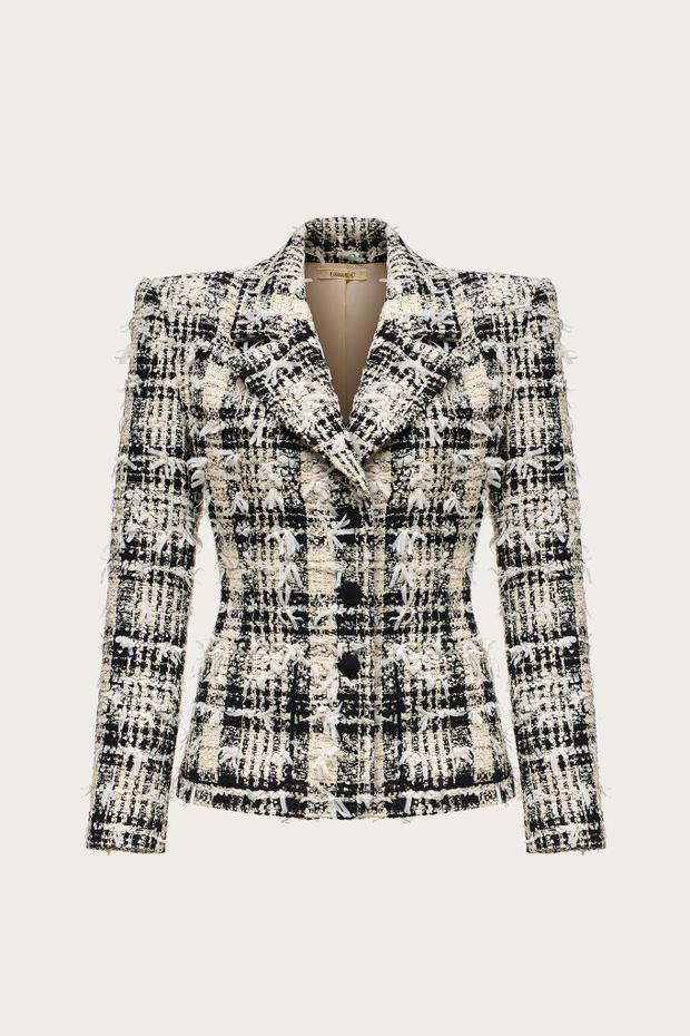 ЖАКЕТ ИЗ СЕРОГО ХЛОПКОВОГО ТВИДА С ЛЮРЕКСНОЙ НИТЬЮ