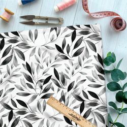 Ткань премиум флис серые листочки на белом