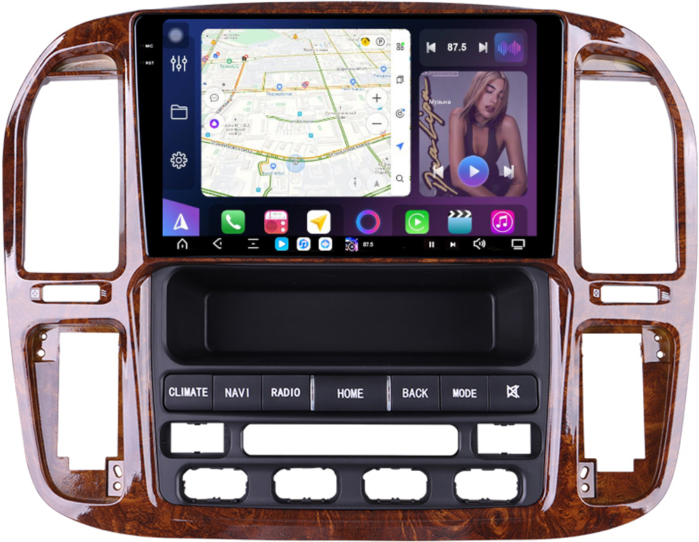 Магнитола для Toyota Land Cruiser 100, Lexus LX470 1998-2002 (климат на ШГУ, рамка дерево) - FarCar XXL9-9608F4 монитор 9.5" 2K QLED на Android 14, TS20, 8+256Гб, CarPlay, 4G SIM-слот