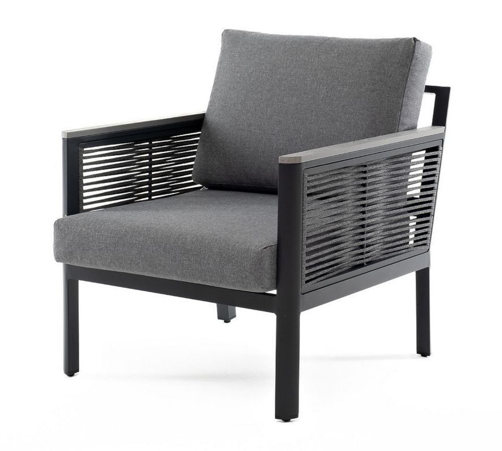 "Сан Ремо" кресло плетеное из роупа садовое, каркас алюминий темно-серый, роуп серый, ткань серая