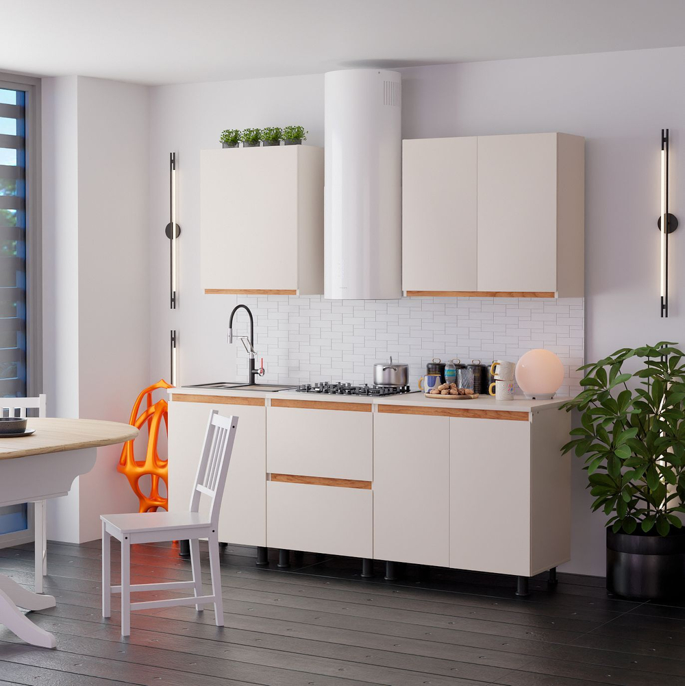 Кухонный модуль напольный 60 см Виго с 3-мя ящиками со столешницей, с дубовыми панелями, на ножках / персидский жемчуг, массив дуба