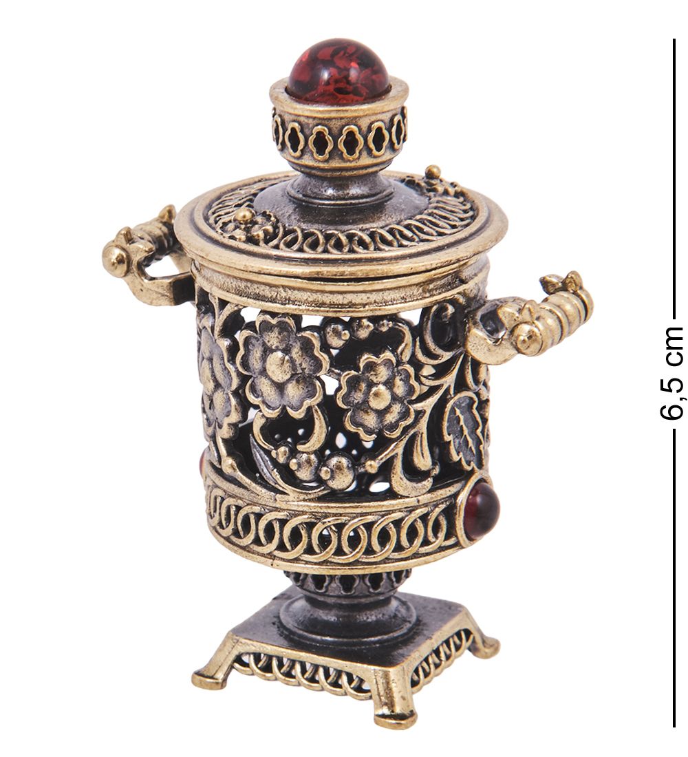 Народные промыслы AM-4198 Фигурка «Самовар Цветочный» (латунь, янтарь)