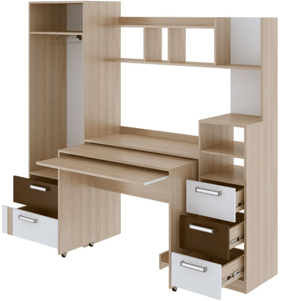 Стол компьютерный с ящиками и полками Ясень Шимо Светлый/Белый/Арабика 195х43х180 см