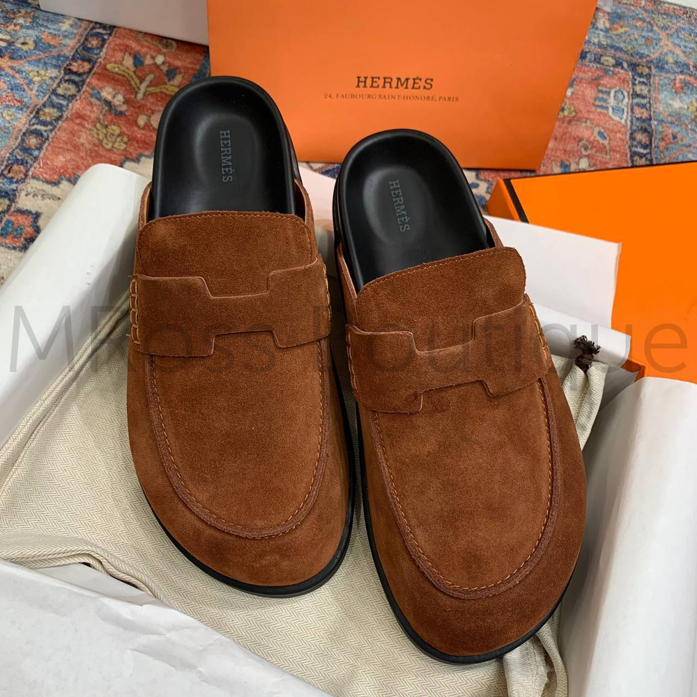 Мужские мюли Hermes Go Mule в коричневом цвете из замши