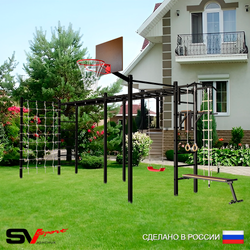 Уличная шведская стенка Sv Sport рукоход х 2 с комплектом турник прямой 2шт У51866К (Турник/Брусья/Скамья/"Лодочка"/Щит баскет/Канат/кольца/лестница/Сетка)