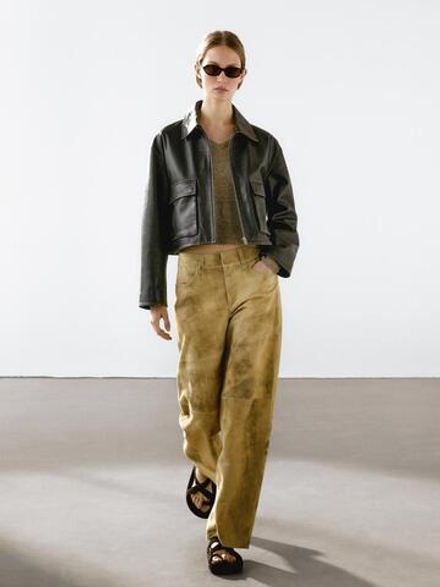 Massimo Dutti Замшевые брюки с эффектом потертости, бежевый