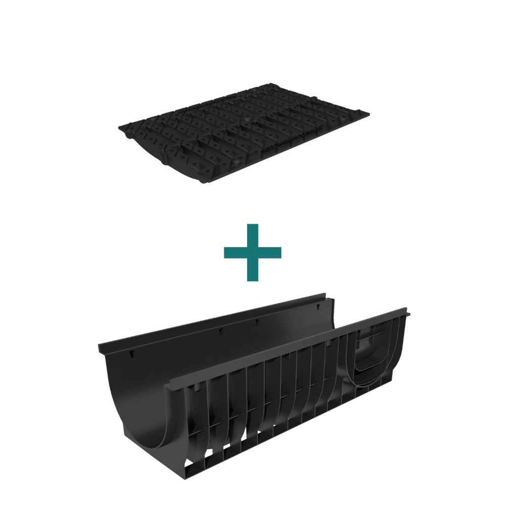 Комплект водоотводный Gidrolica Standart DN300: пластиковый лоток ЛВ-30.38.28 + чугунная щелевая решетка РВ-30.35.50, кл. C250